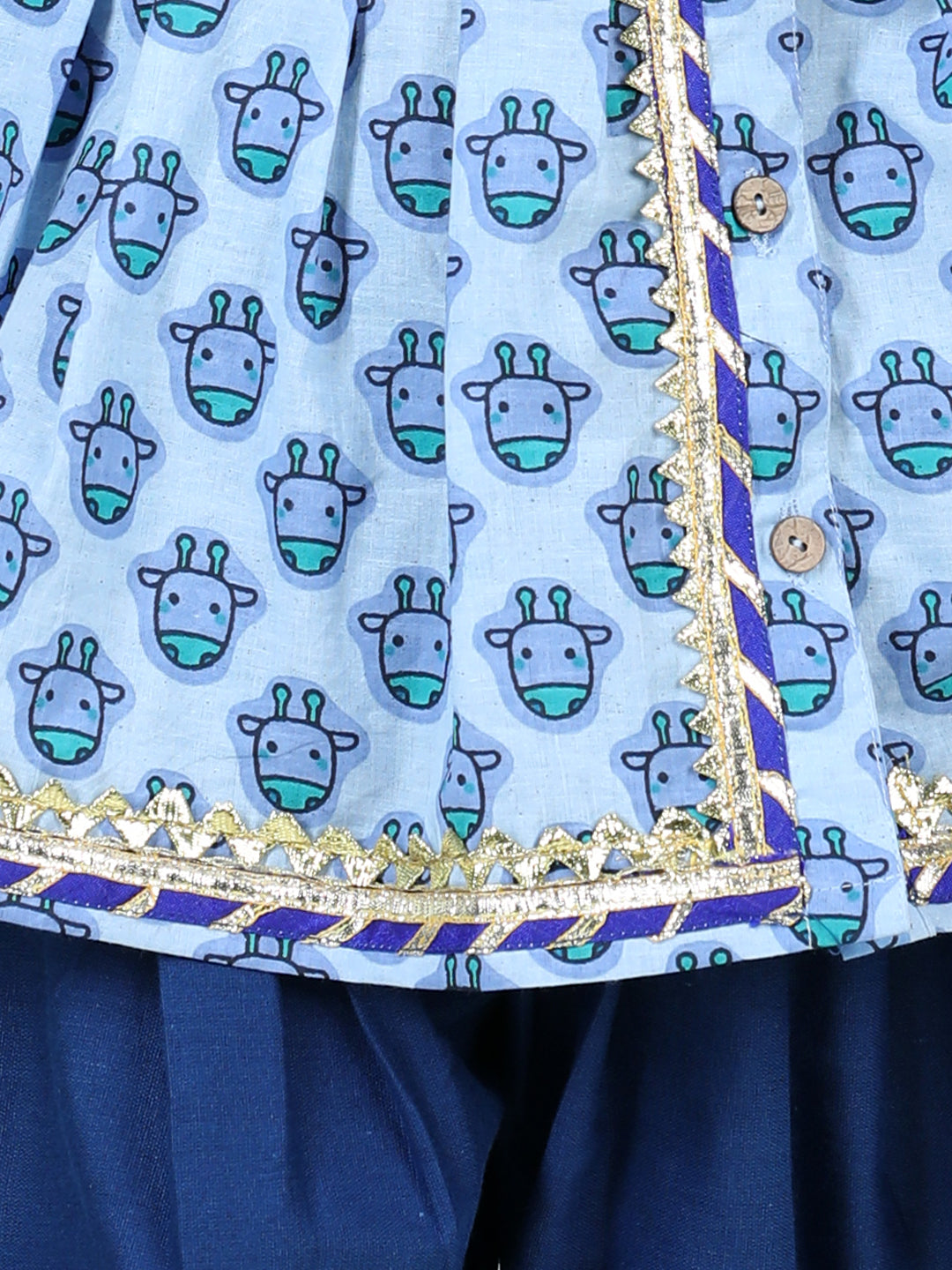 BownBee 100% Cotton Sleeveless Indo Western Giraffe Printed Kurta Styled Top Dhoti Set - Blue