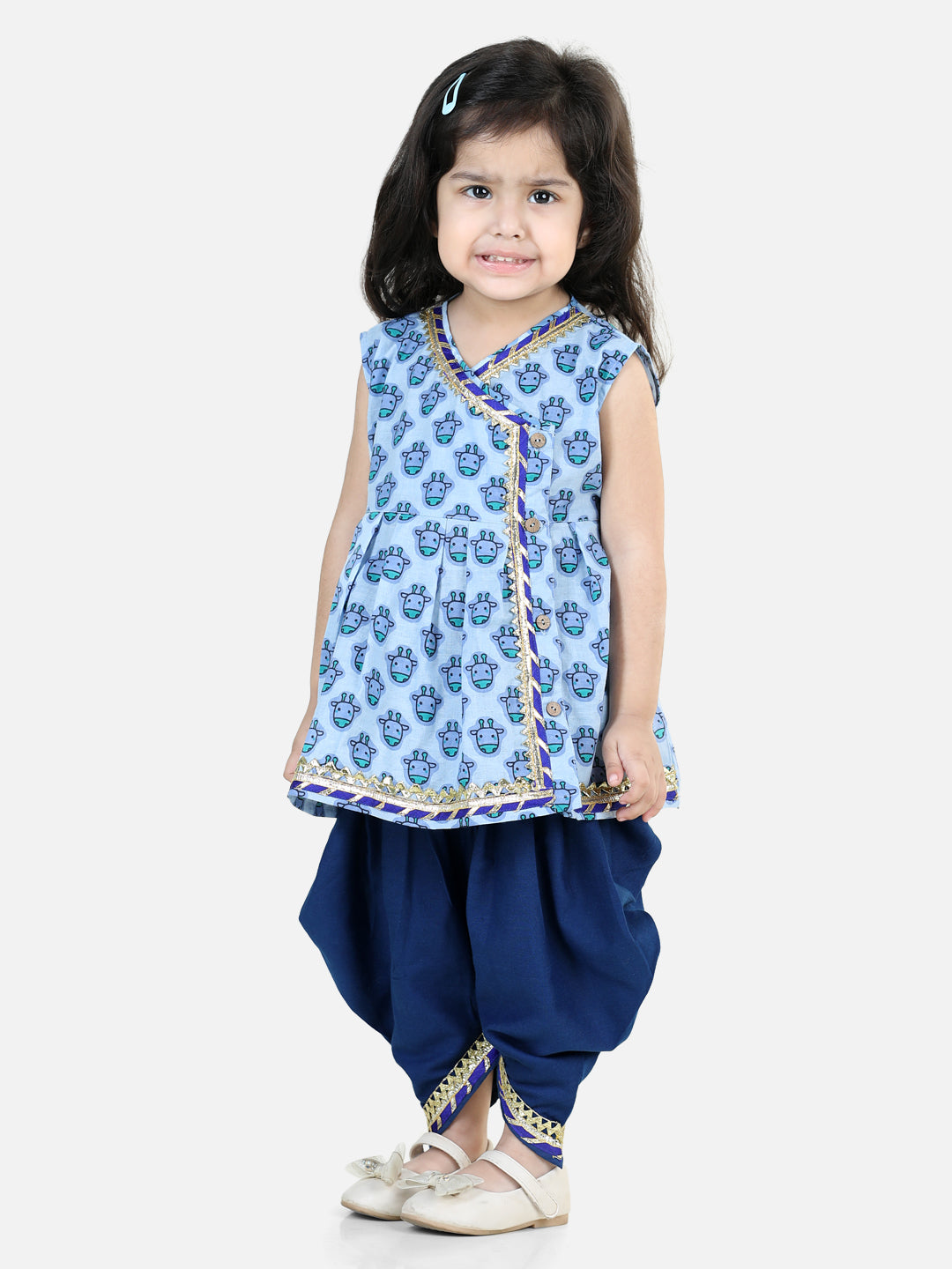 BownBee 100% Cotton Sleeveless Indo Western Giraffe Printed Kurta Styled Top Dhoti Set - Blue