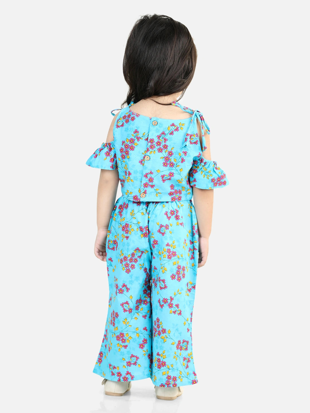 BownBee Cold Shoulder Sleeves Bow Applique Floral Printed Top & Palazzo