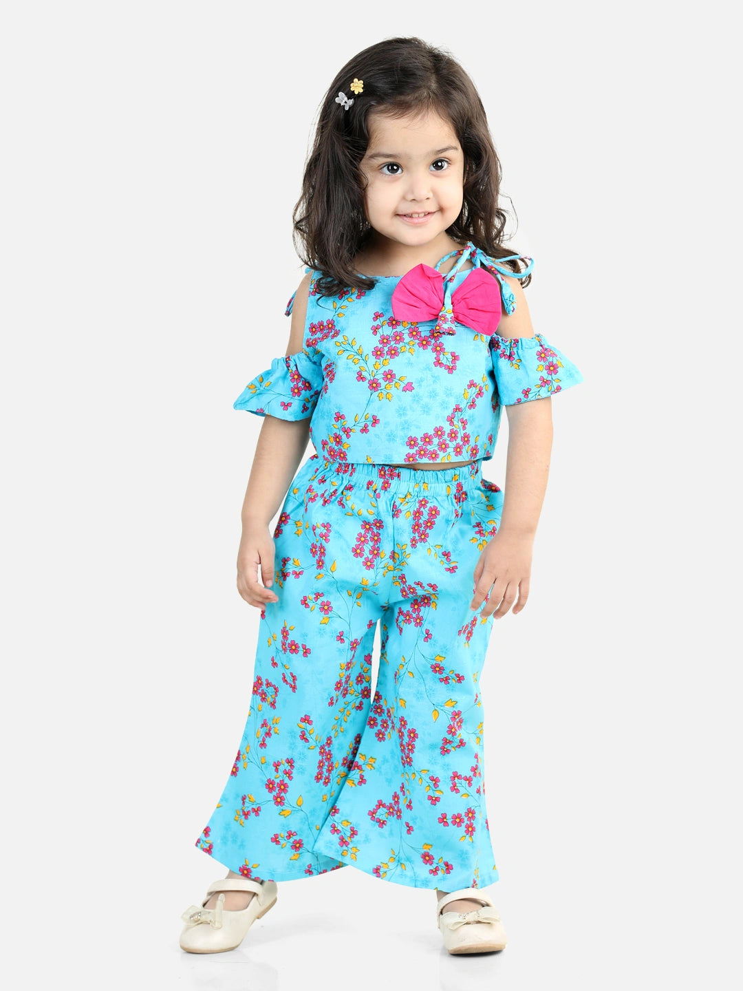 BownBee Cold Shoulder Sleeves Bow Applique Floral Printed Top & Palazzo