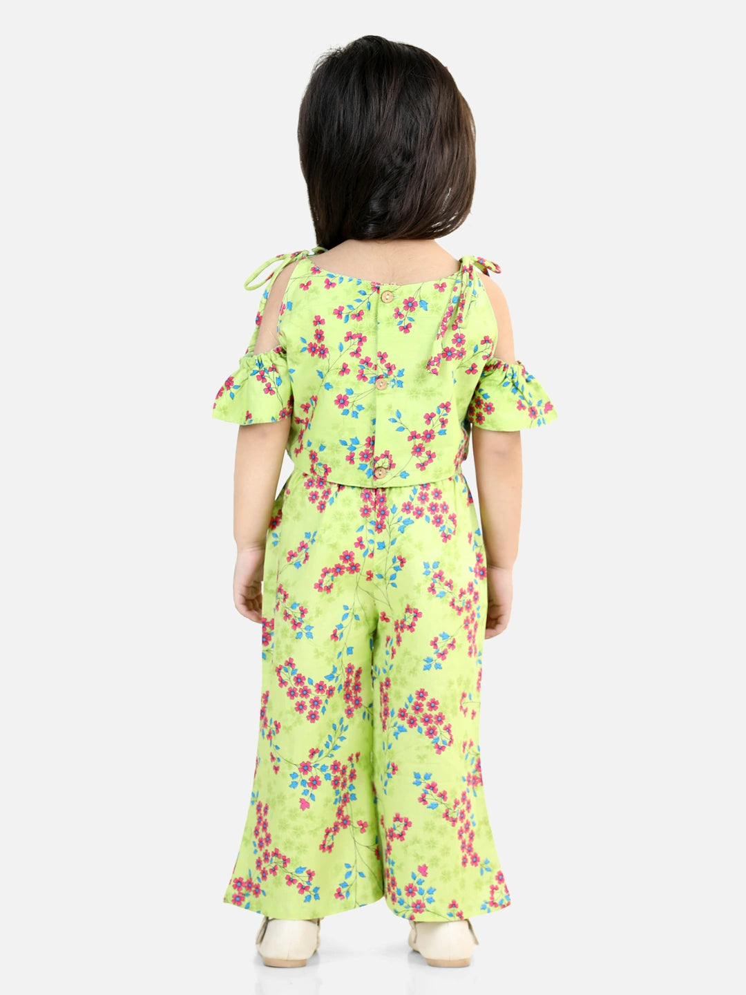 BownBee Cold Shoulder Sleeves Bow Applique Floral Printed Top & Palazzo