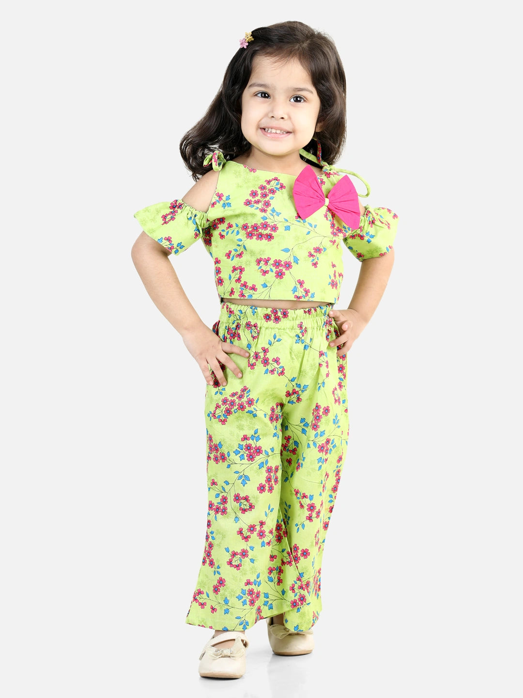 BownBee Cold Shoulder Sleeves Bow Applique Floral Printed Top & Palazzo