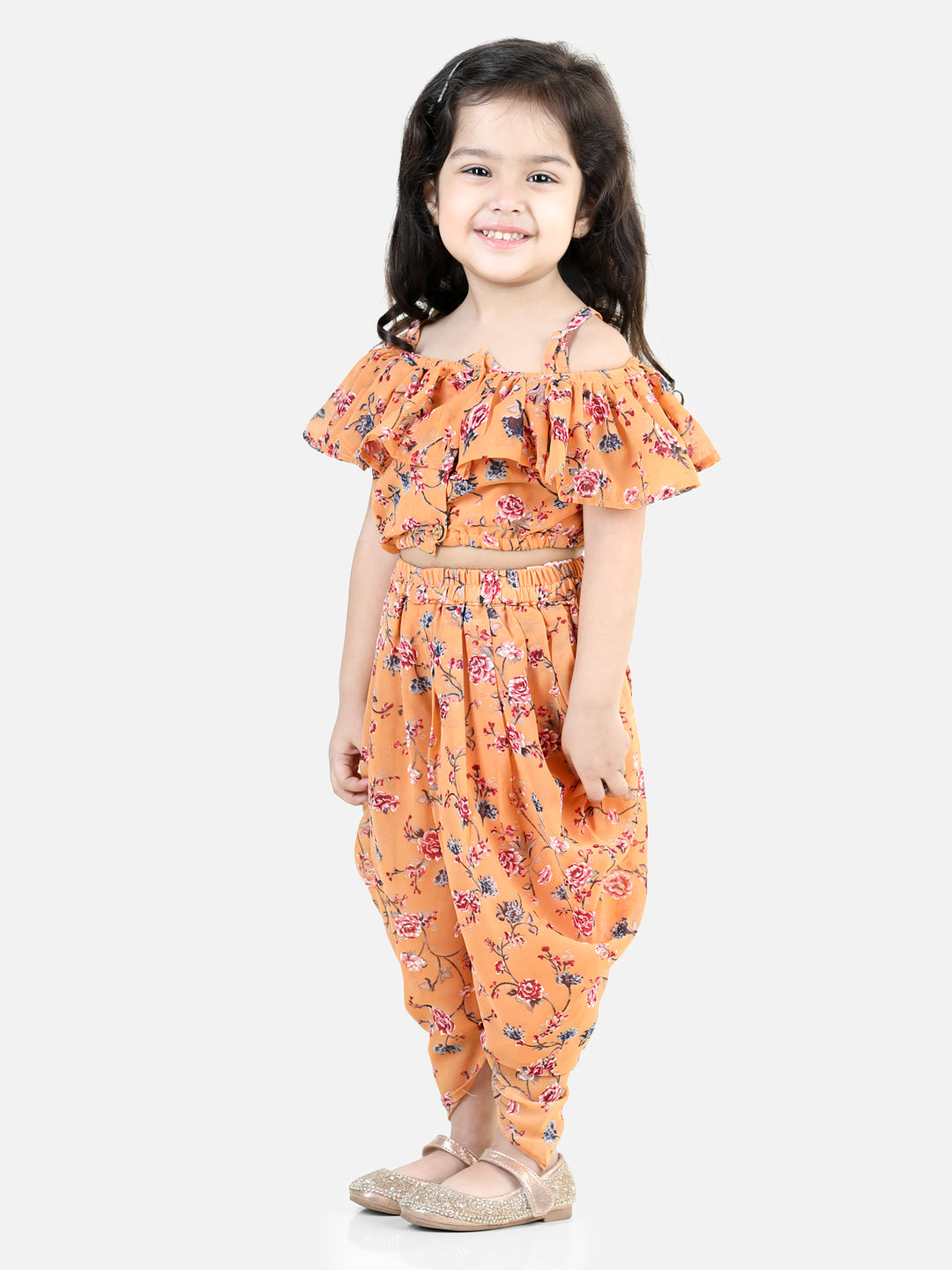 Bownbee Printed Ruffle Georgette Top With Dhoti For Girls-Orange