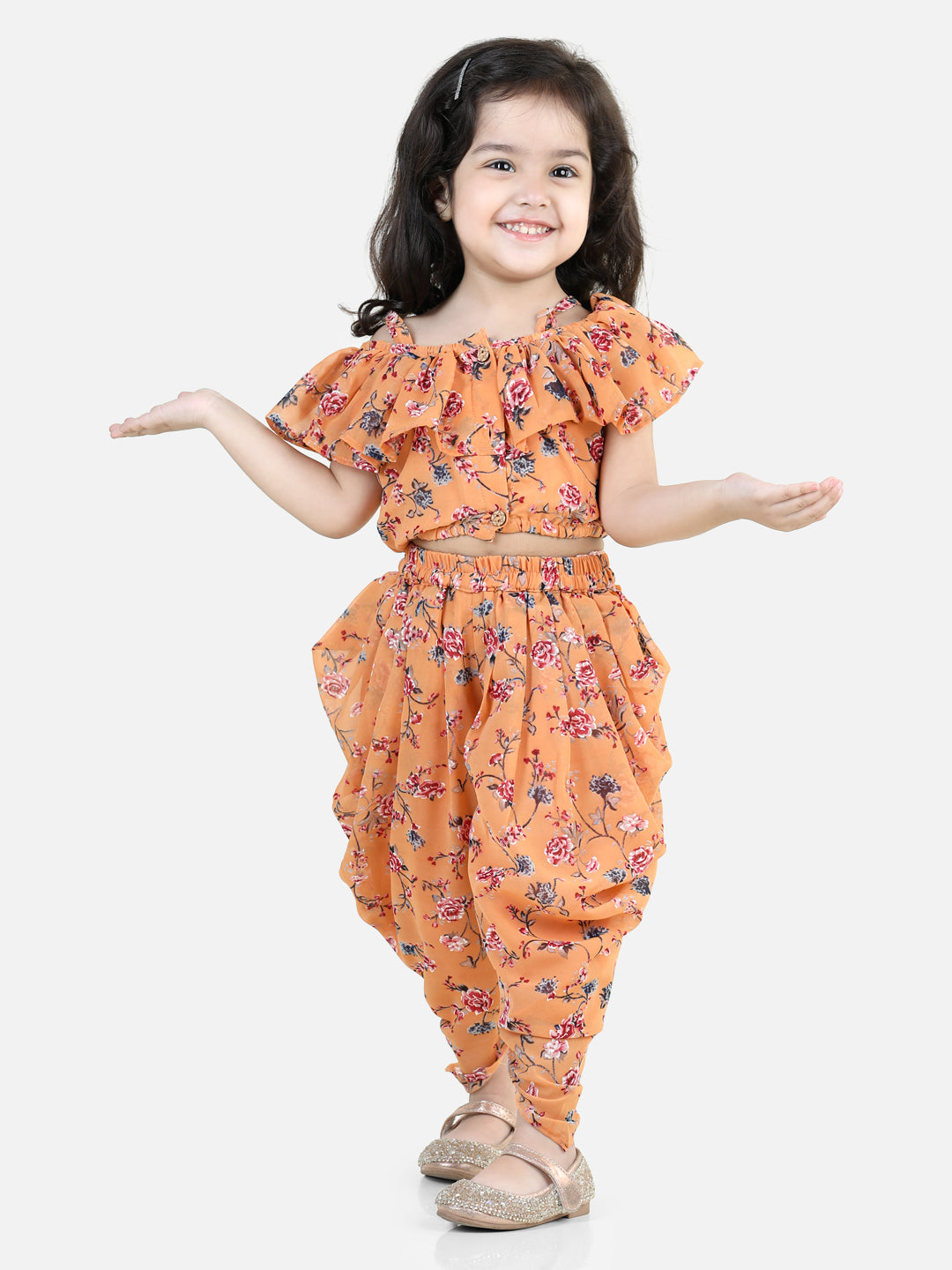BownBee Girls Printed Ruffle Georgette Top with Dhoti Co Ord Clothing Sets- Orange