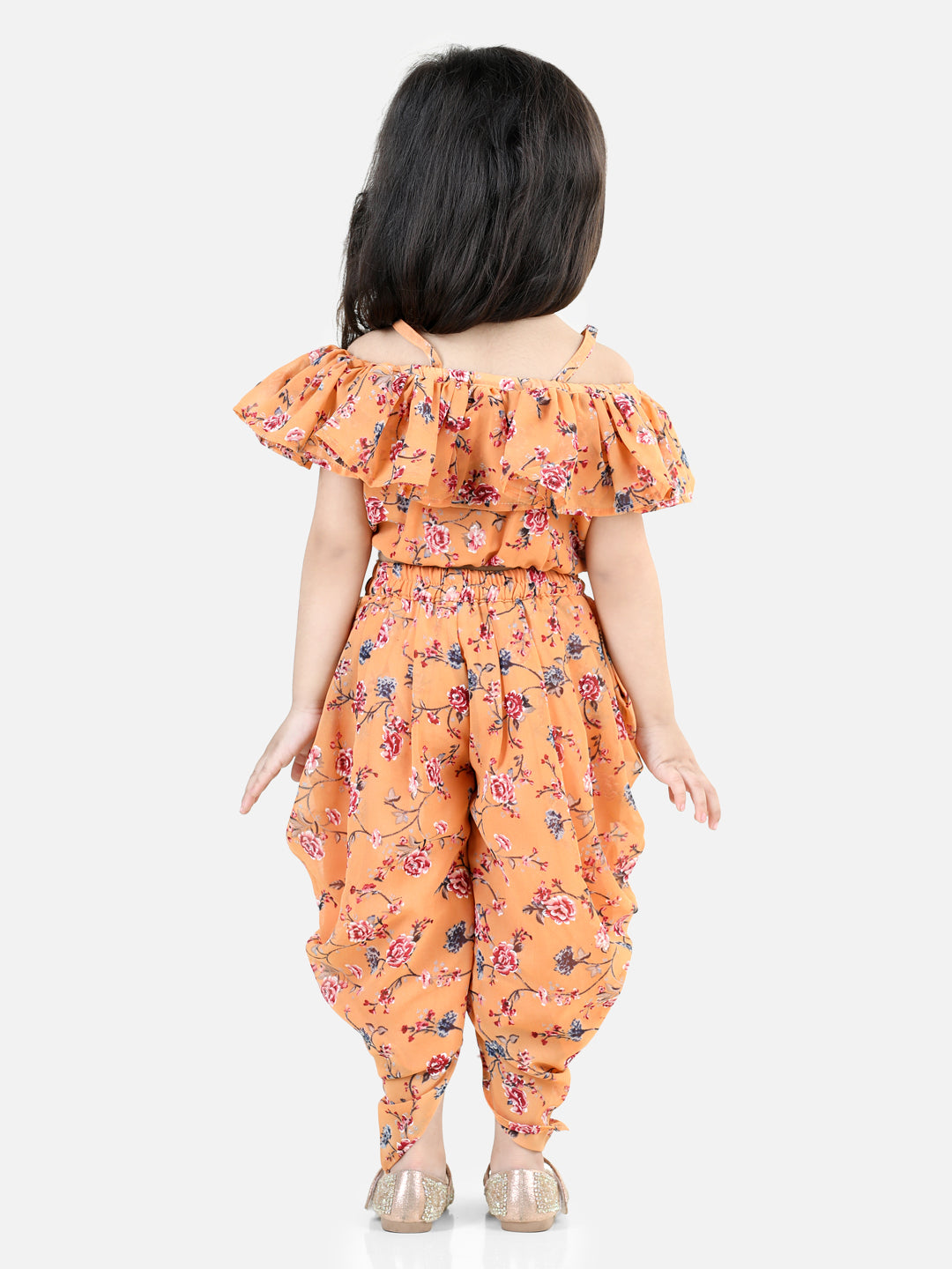 BownBee Girls Printed Ruffle Georgette Top with Dhoti Co Ord Clothing Sets- Orange
