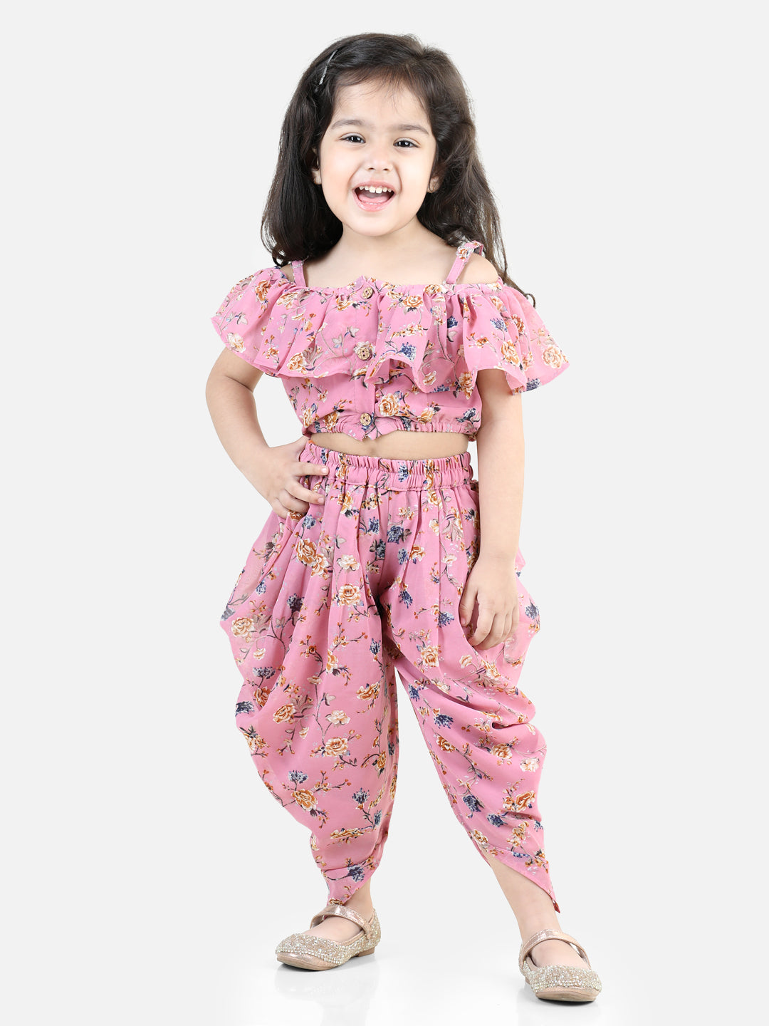 Bownbee Printed Ruffle Georgette Top With Dhoti For Girls-Pink