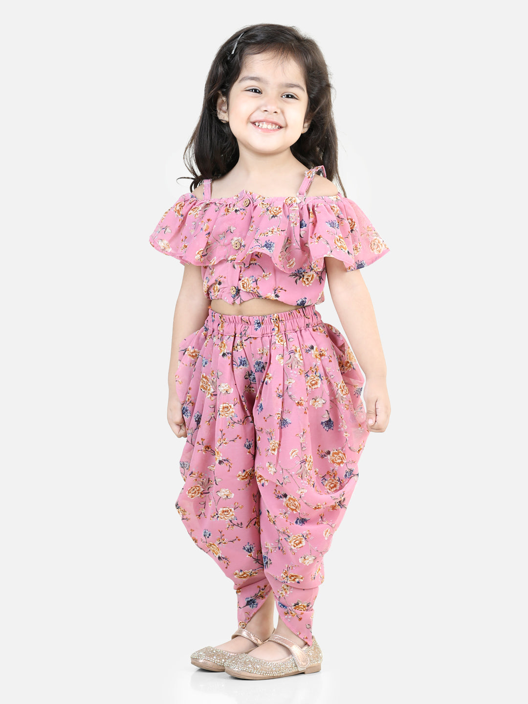 BownBee Printed Ruffle Georgette Top with Dhoti for Girls- Pink