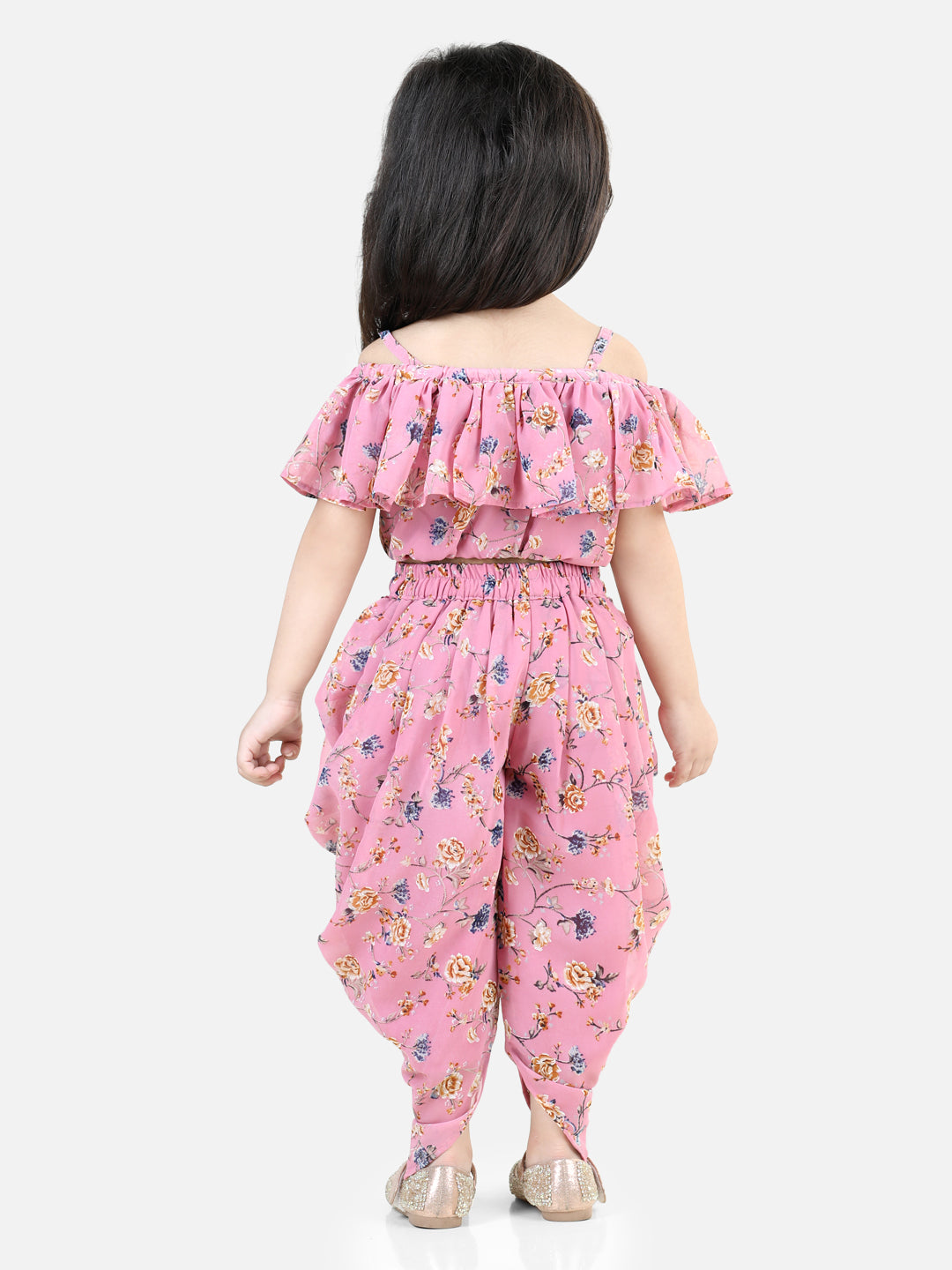 BownBee Printed Ruffle Georgette Top with Dhoti for Girls- Pink