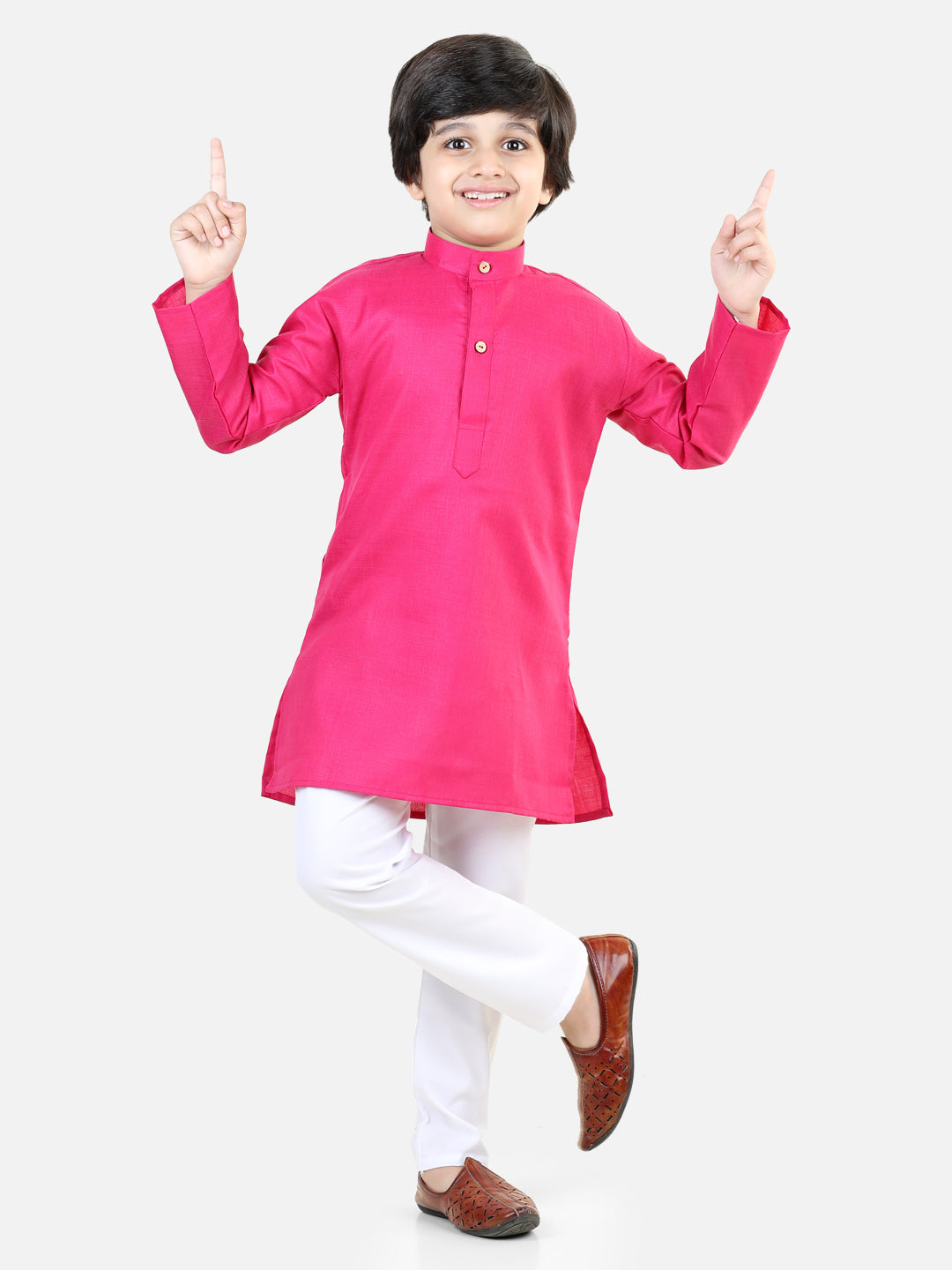 BownBee Lotus Embroidery Lehenga with Ruffle Sequin Top for Girls and Cotton Full Sleeve Cotton Kurta Pajama for Boys- Pink