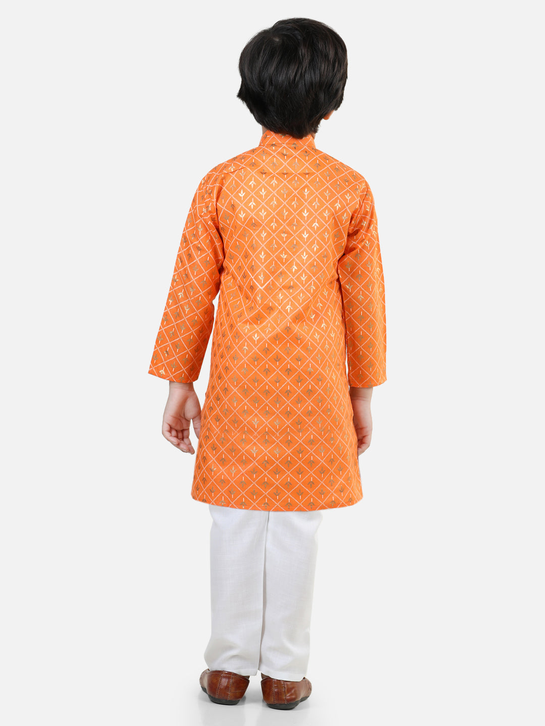 BownBee Full Sleeves Foil Motif Print Kurta With Pyjama Sets- Orange