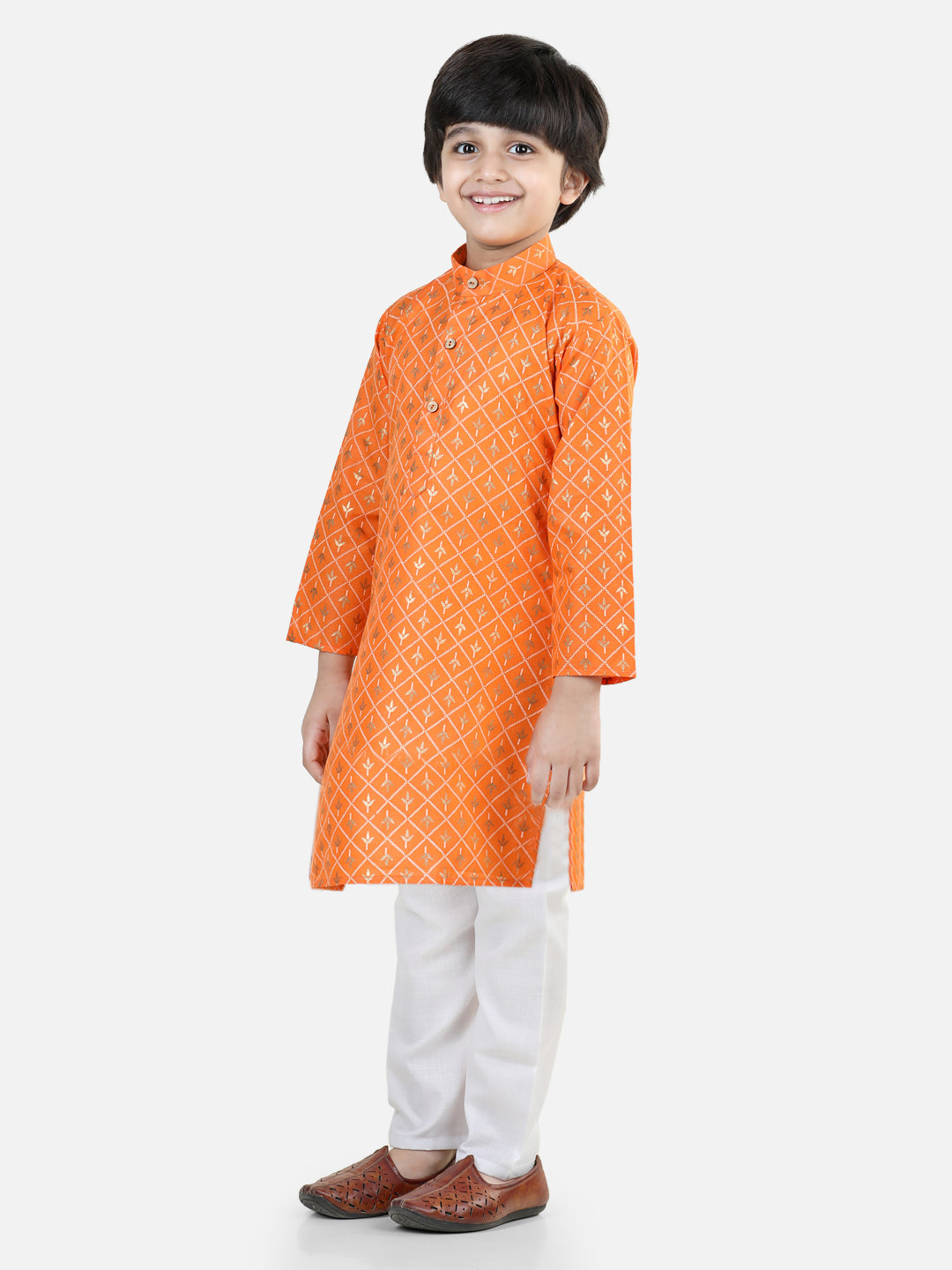 BownBee Full Sleeves Foil Motif Print Kurta With Pyjama Sets- Orange