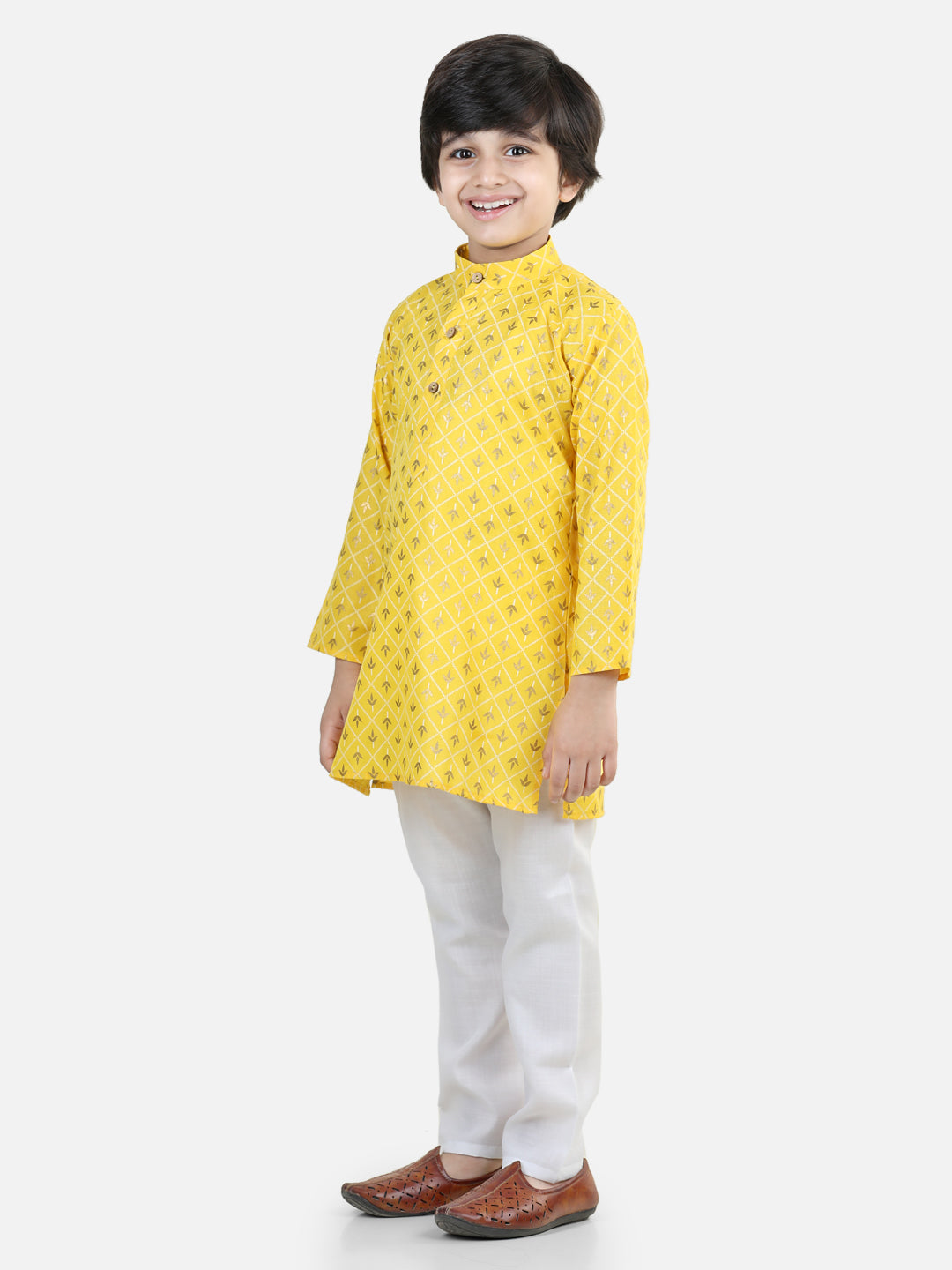 BownBee Full Sleeves Foil Motif Print Kurta With Pyjama Sets- Yellow