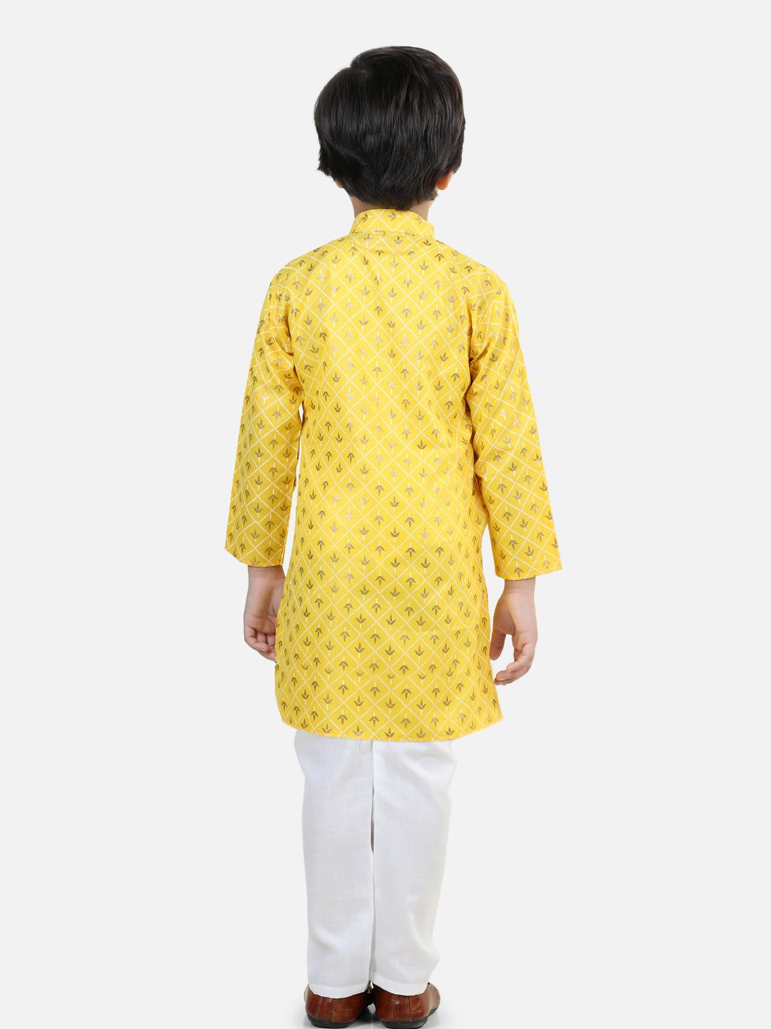 BownBee Full Sleeves Foil Motif Print Kurta With Pyjama Sets- Yellow