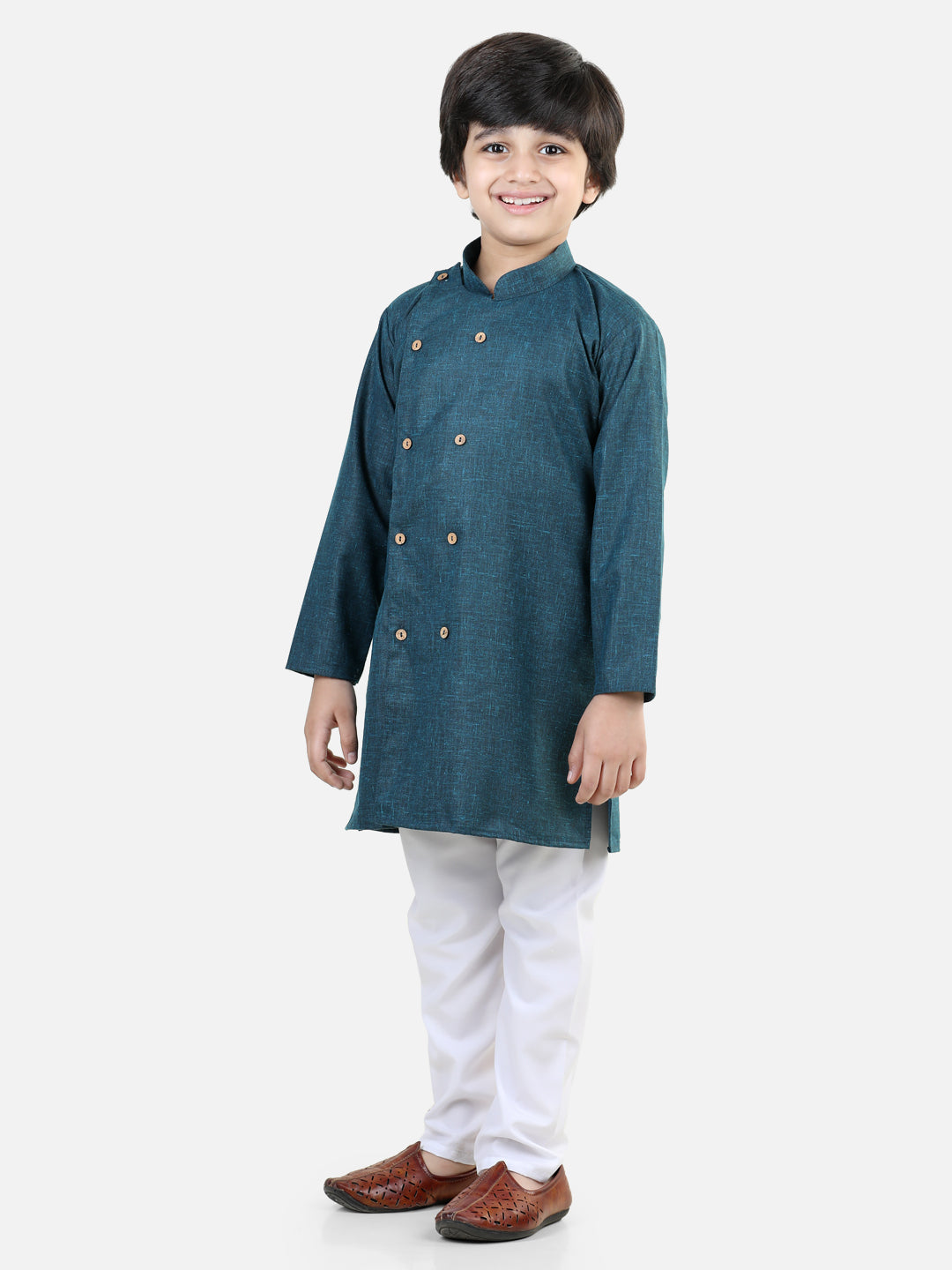 BownBee Full Sleeve Front Open Cotton Blend Kurta Pajama for Boys- Blue