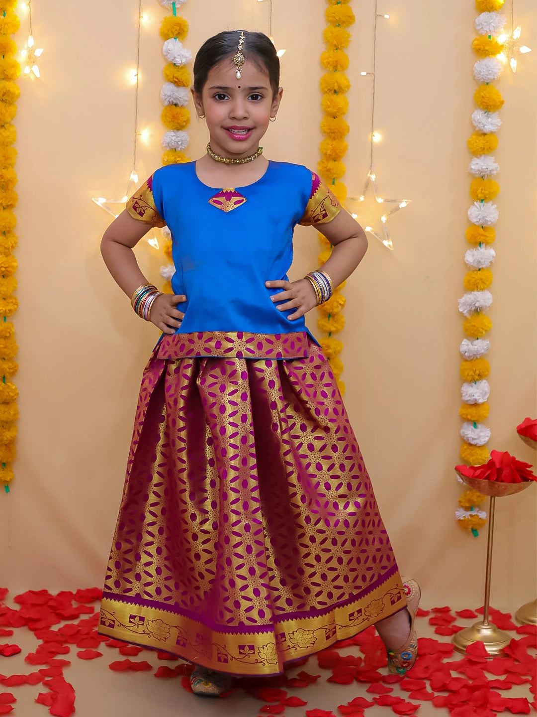 BownBee Half Sleeve South Indian Pavda Pattu Lehenga For Girls