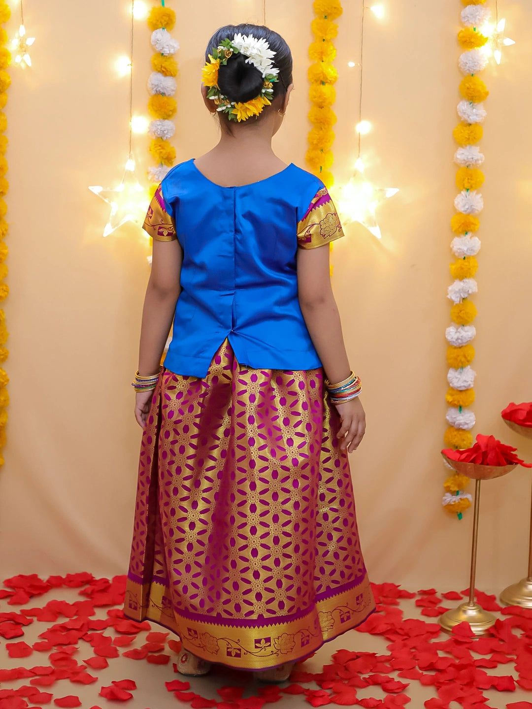 BownBee Half Sleeve South Indian Pavda Pattu Lehenga For Girls