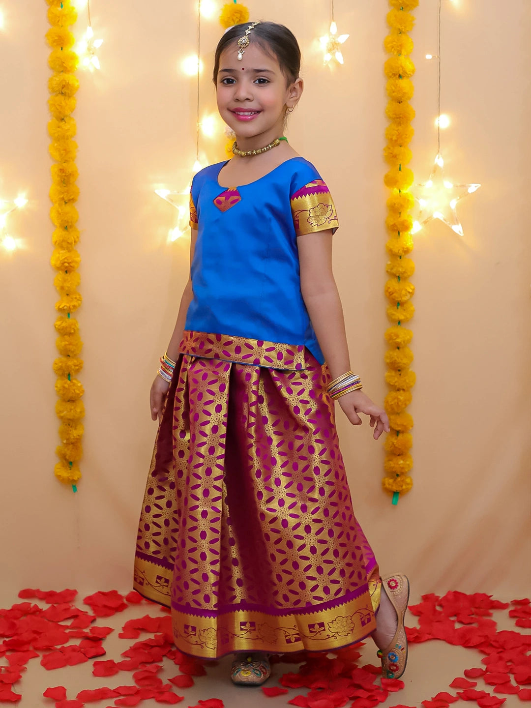 BownBee Half Sleeve South Indian Pavda Pattu Lehenga For Girls
