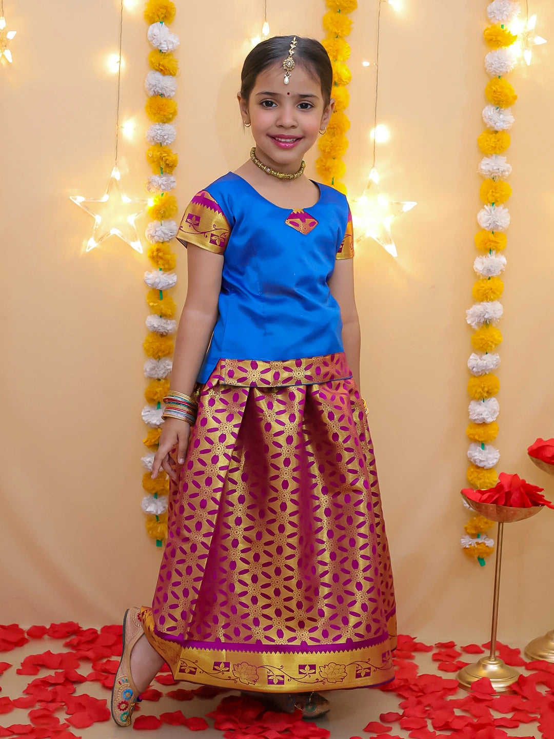 BownBee Half Sleeve South Indian Pavda Pattu Lehenga For Girls