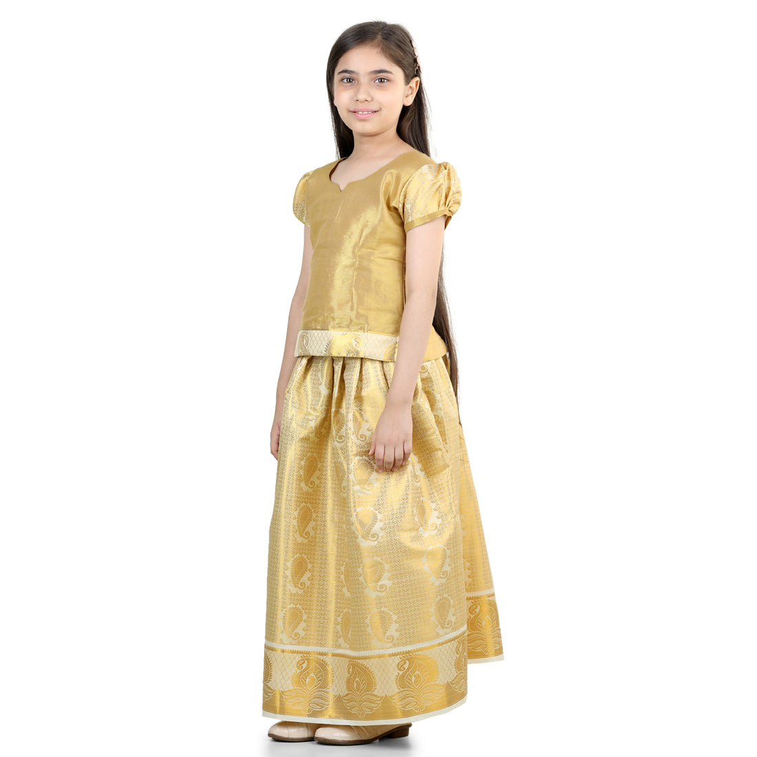 BownBee Half Sleeve South Indian Pavda Pattu Lehenga- Golden