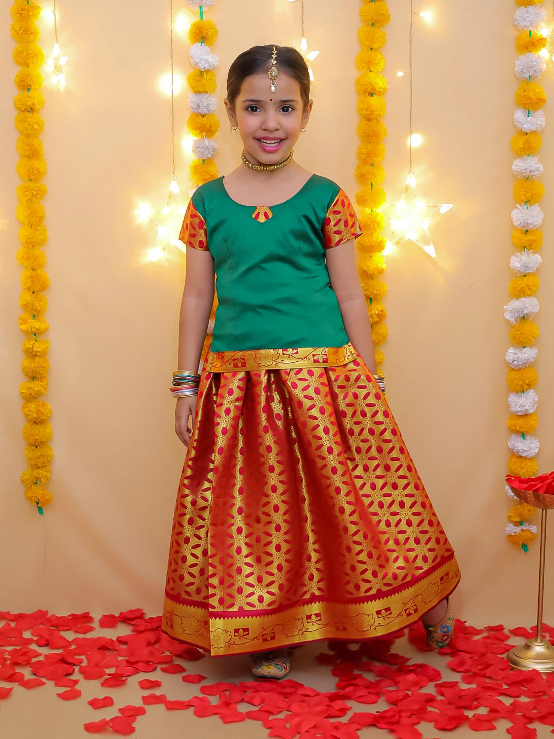 BownBee Half Sleeve South Indian Pavda Pattu Lehenga For Girls
