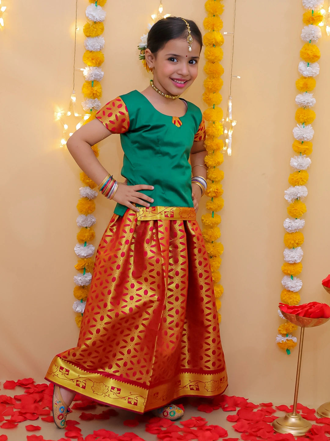 BownBee Half Sleeve South Indian Pavda Pattu Lehenga For Girls