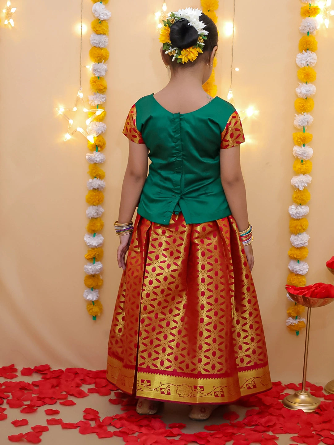 BownBee Half Sleeve South Indian Pavda Pattu Lehenga For Girls