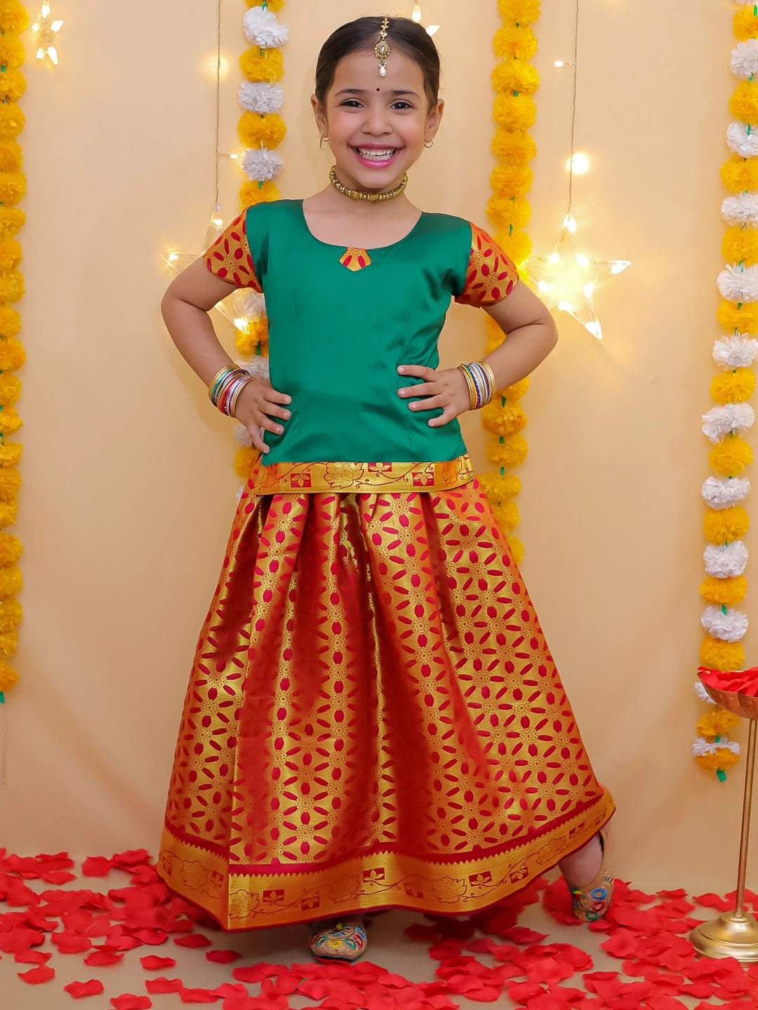 BownBee Half Sleeve South Indian Pavda Pattu Lehenga For Girls