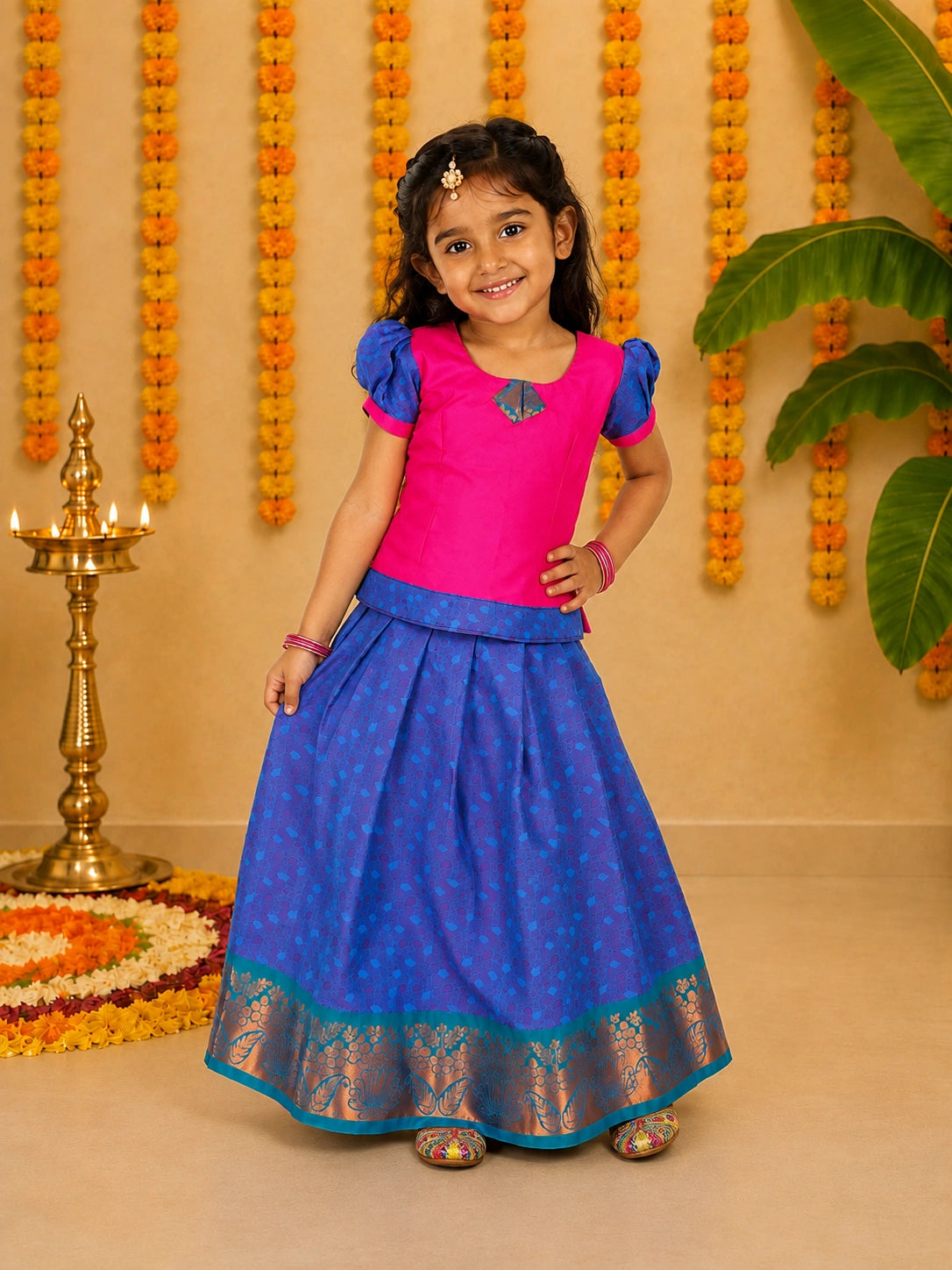 BownBee Half Sleeve South Indian Pavda Pattu Lehenga