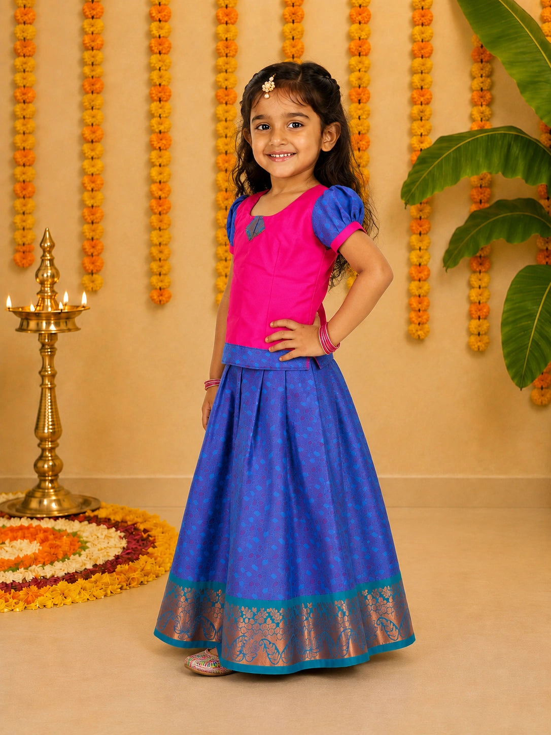 BownBee Half Sleeve South Indian Pavda Pattu Lehenga