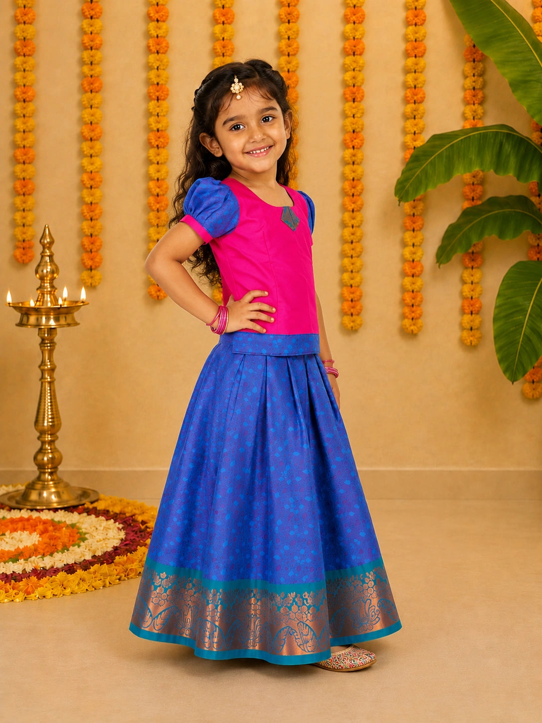 BownBee Half Sleeve South Indian Pavda Pattu Lehenga