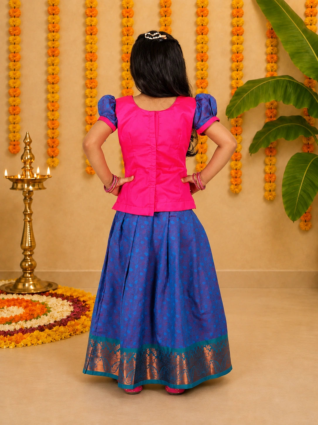 BownBee Half Sleeve South Indian Pavda Pattu Lehenga