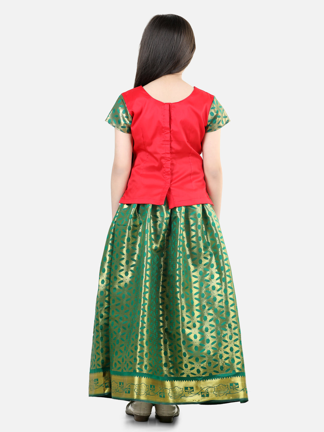 BownBee Silk Half Sleeves Motif Printed South Indian Pavda Pattu Lehenga Choli - Red