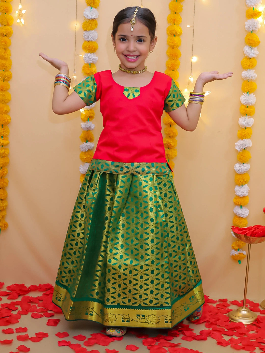BownBee Half Sleeve South Indian Pavda Pattu Lehenga For Girls