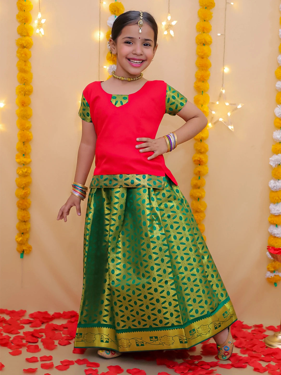 BownBee Half Sleeve South Indian Pavda Pattu Lehenga For Girls