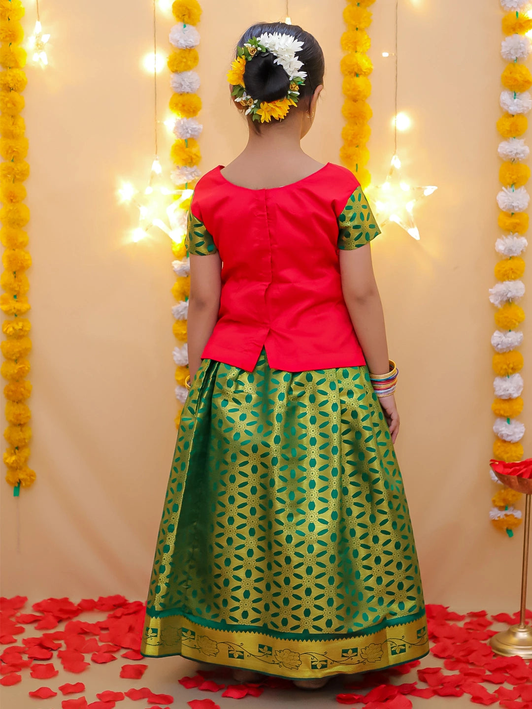 BownBee Half Sleeve South Indian Pavda Pattu Lehenga For Girls