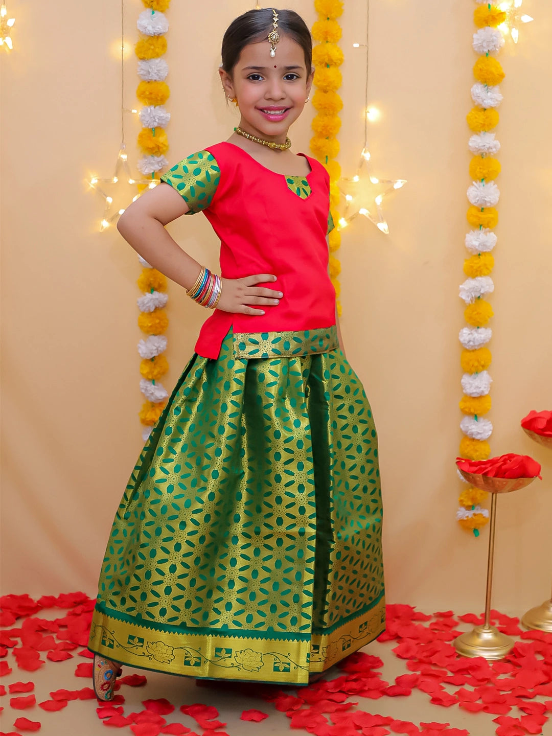 BownBee Half Sleeve South Indian Pavda Pattu Lehenga For Girls