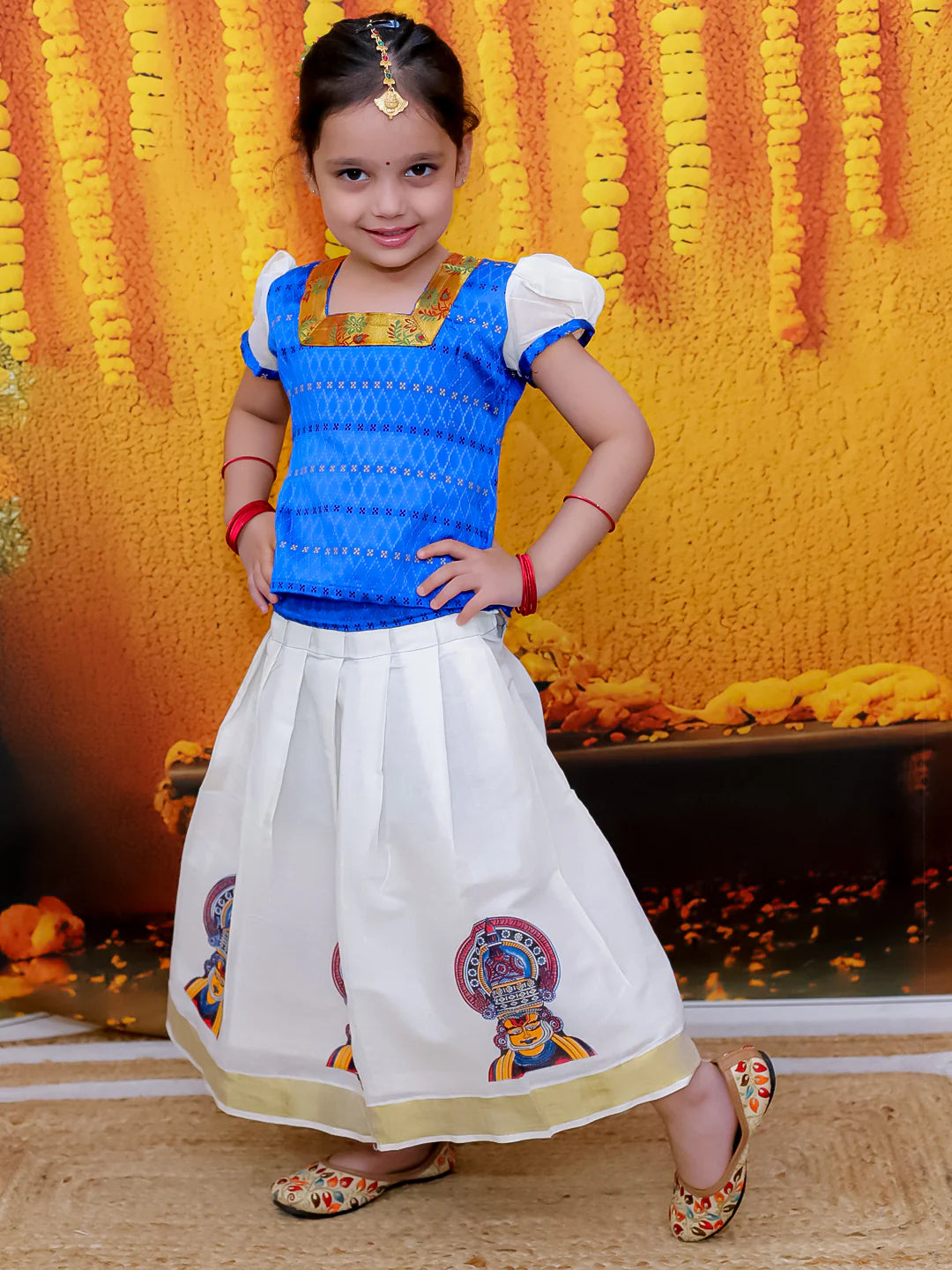 BownBee Half Sleeve South Indian Pavda Pattu Lehenga For Girls