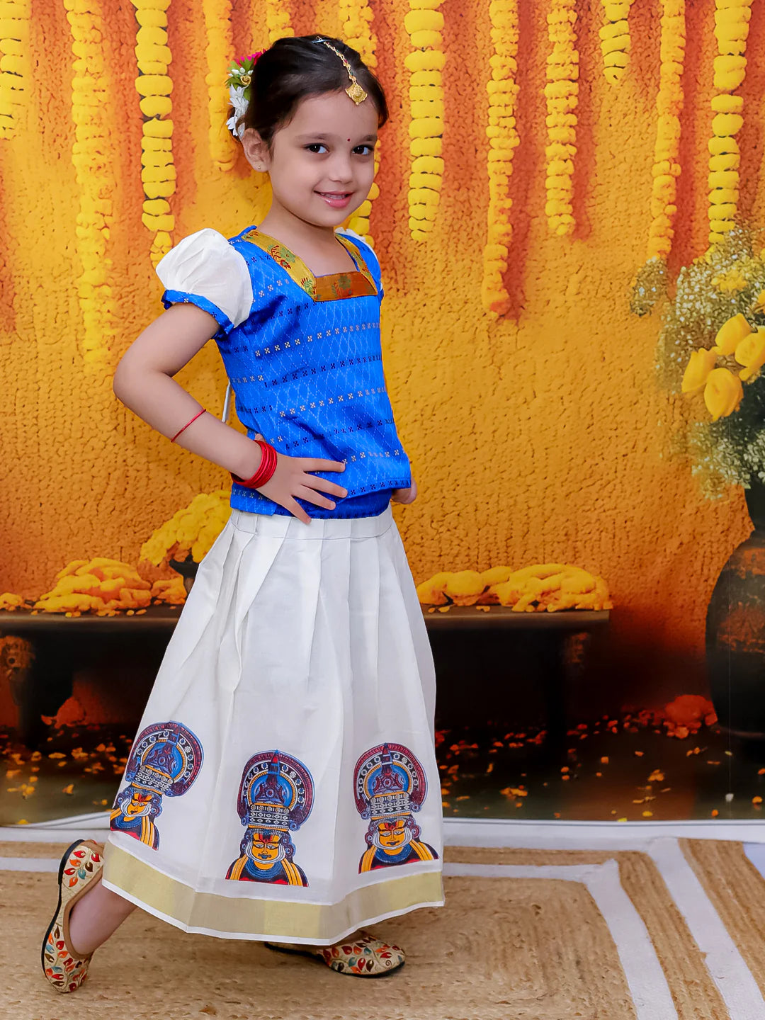 BownBee Half Sleeve South Indian Pavda Pattu Lehenga For Girls