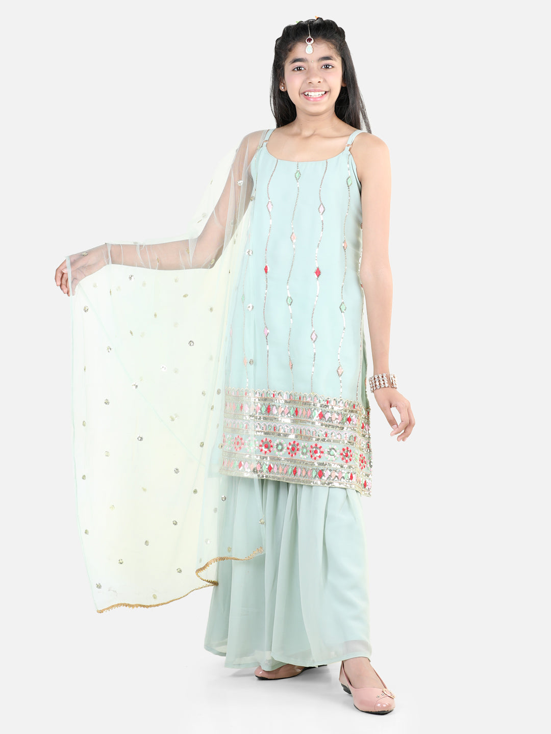 BownBee Traditional Wear Special Sleeveless Floral Embroidered Lace Detailed Kurta Sharara With Dupatta - Blue