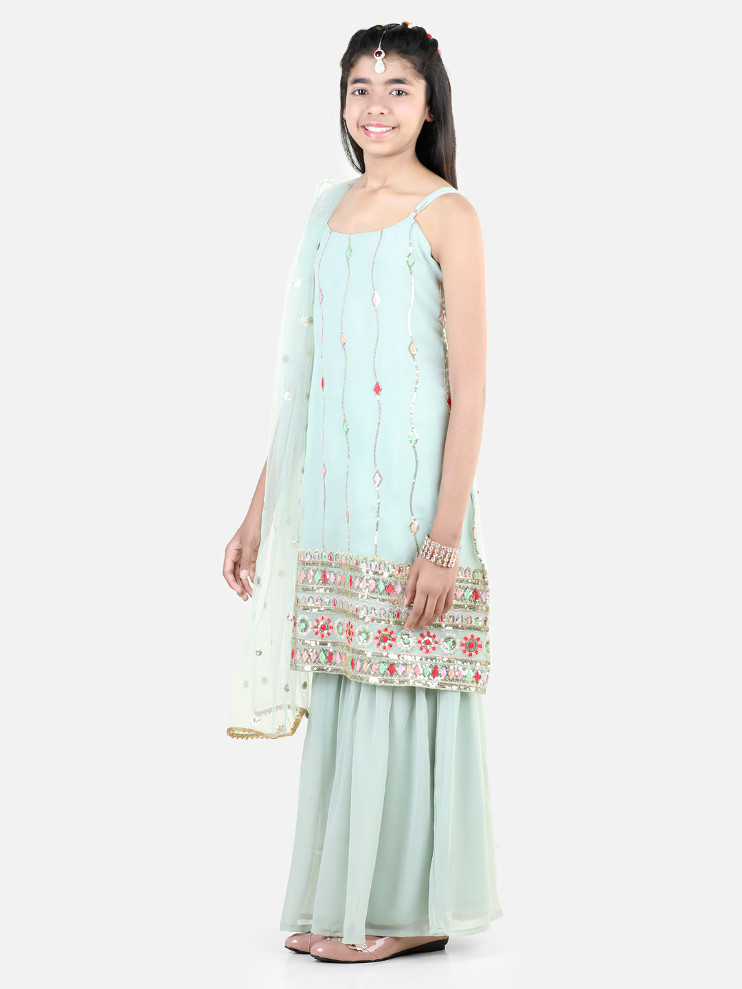 BownBee Traditional Wear Special Sleeveless Floral Embroidered Lace Detailed Kurta Sharara With Dupatta - Blue