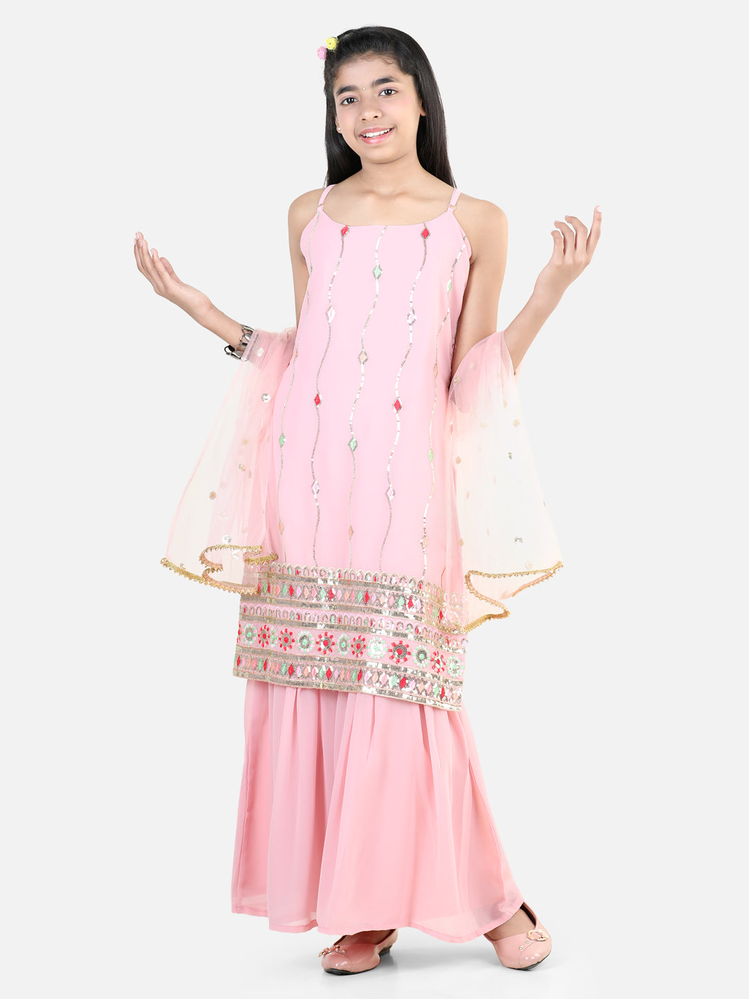 BownBee Traditional Wear Special Sleeveless Floral Embroidered Lace Detailed Kurta Sharara With Dupatta - Pink