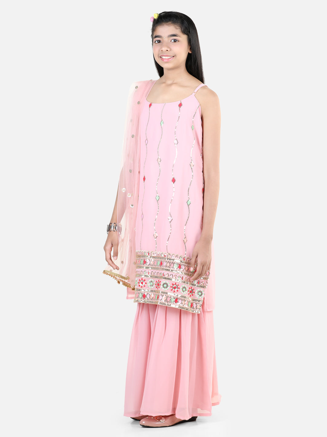 BownBee Traditional Wear Special Sleeveless Floral Embroidered Lace Detailed Kurta Sharara With Dupatta - Pink