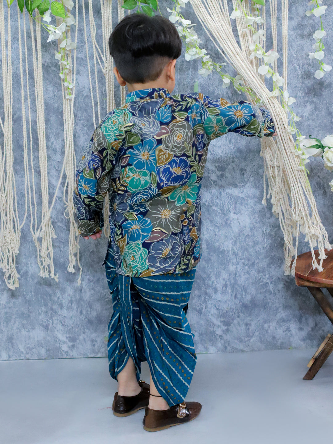 BownBee Sibling Set Pure Cotton Printed Halter Neck Kurti with Harem Pants & Dupatta and Pure Cotton Printed Full Sleeve Kurta Dhoti for Boys- Blue