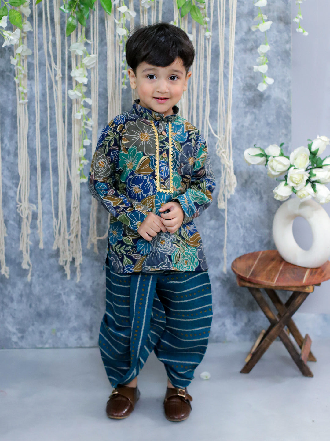 BownBee Sibling Set Pure Cotton Printed Halter Neck Kurti with Harem Pants & Dupatta and Pure Cotton Printed Full Sleeve Kurta Dhoti for Boys- Blue