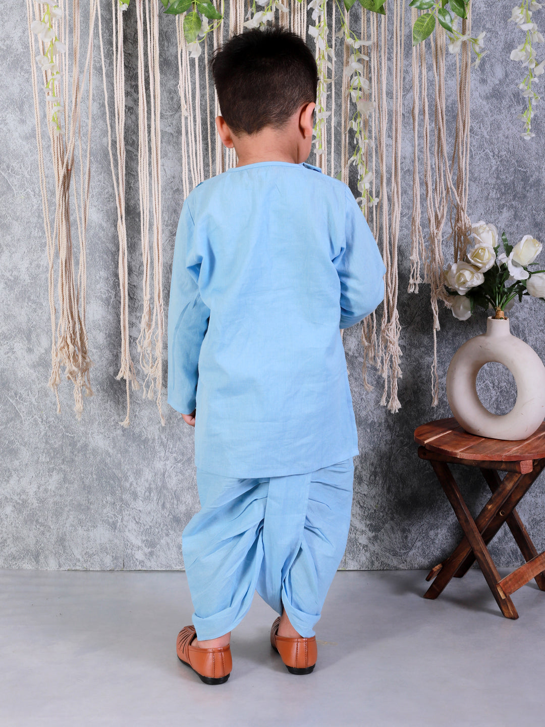 BownBee Embroidered Full Sleeve Cotton Kurta with Dhoti- Blue