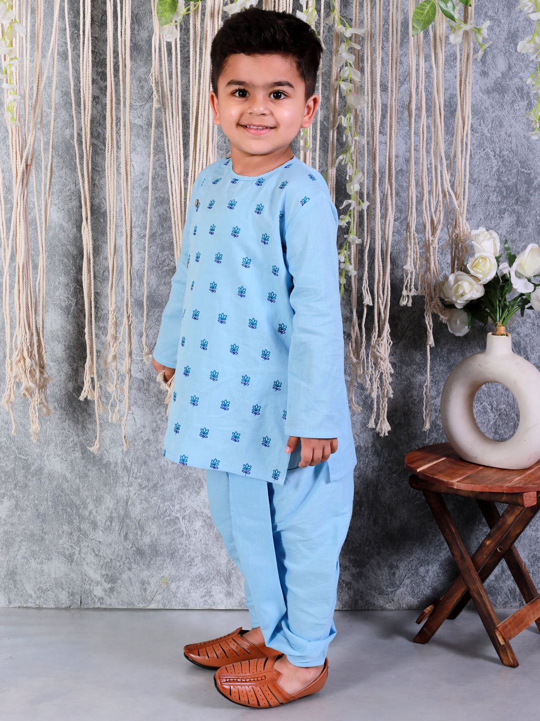 BownBee Embroidered Full Sleeve Cotton Kurta with Dhoti- Blue