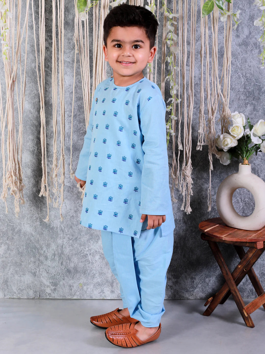 BownBee Embroidered Full Sleeve Cotton Kurta with Dhoti