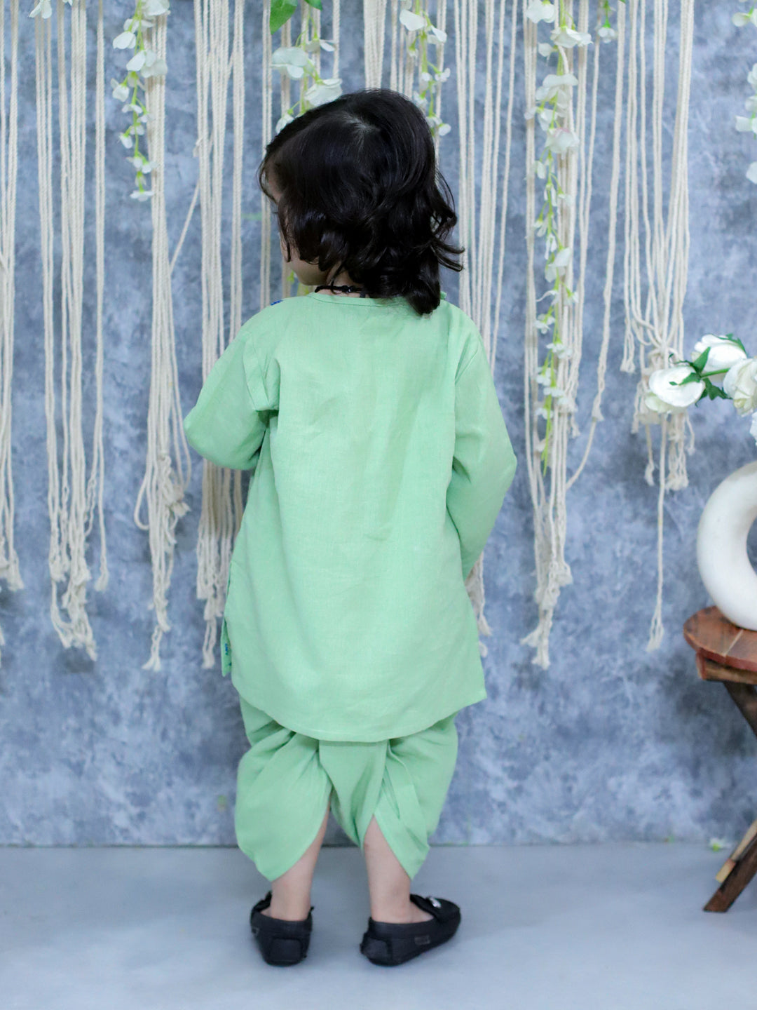 BownBee Sibling Set Embroidered Full Sleeve Pure Cotton Kurta with Dhoti for Boys and Cotton Embroidered Top with Palazzo Pants for Girls- Green