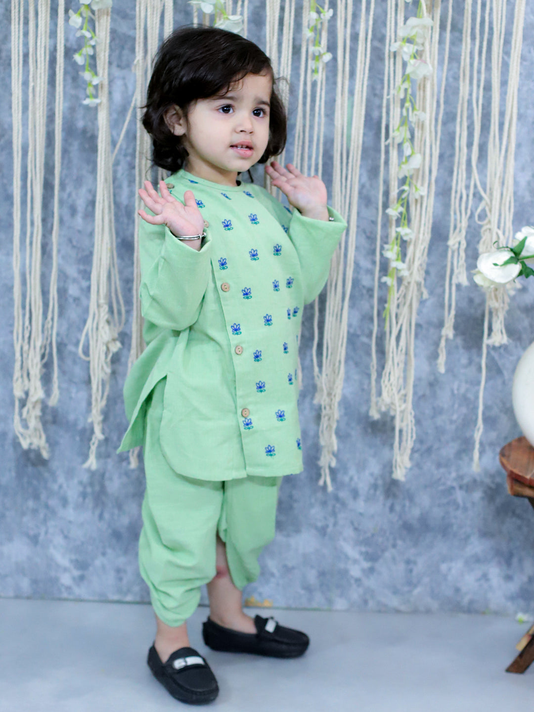 BownBee Sibling Set Embroidered Full Sleeve Pure Cotton Kurta with Dhoti for Boys and Cotton Embroidered Top with Palazzo Pants for Girls- Green