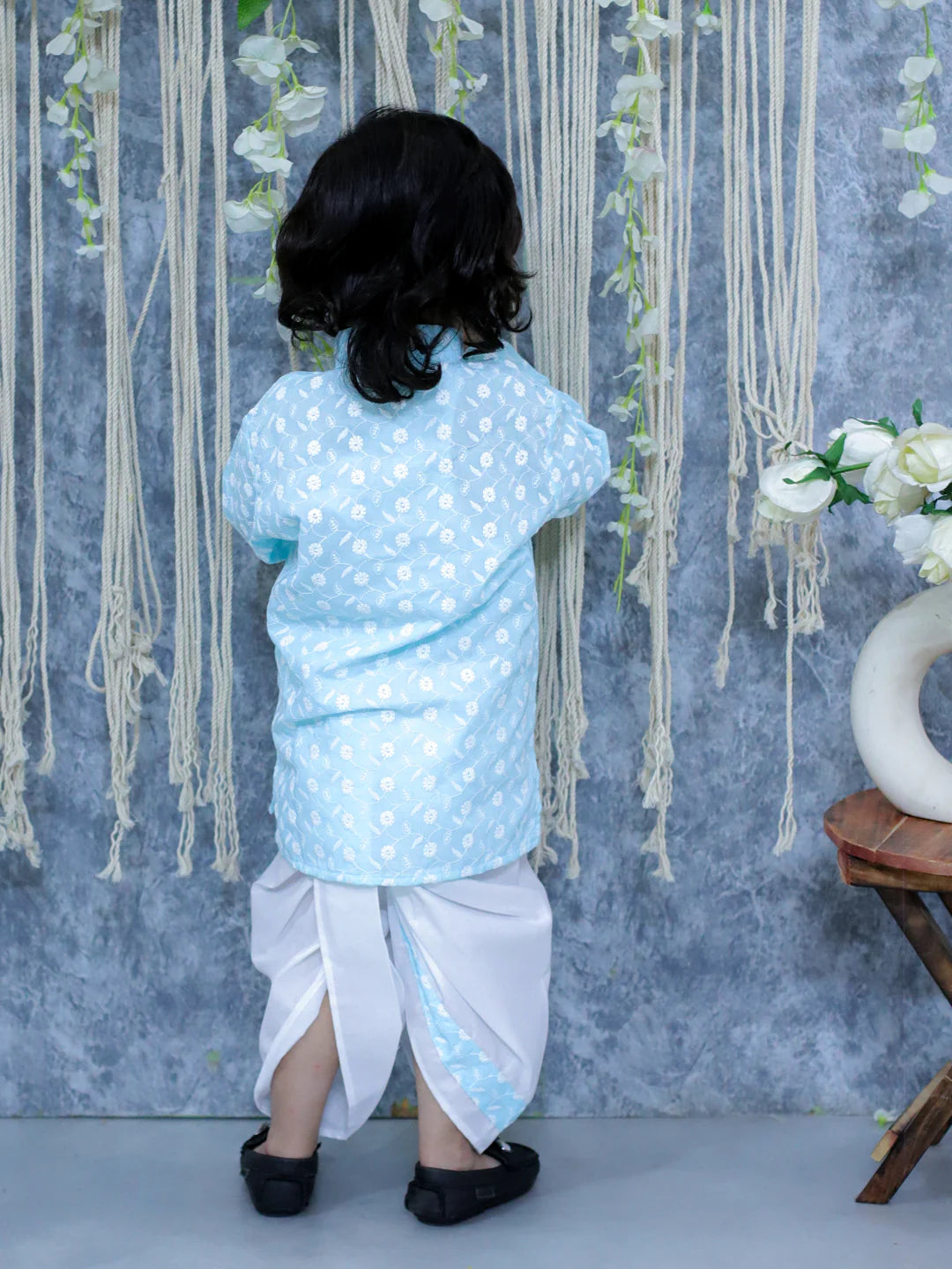 BownBee Chikan Cotton Full Sleeve Kurta with Dhoti for Boys